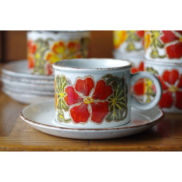 Set of 2 Midwinter Stonehenge Nasturtium Pattern Flat Cups Saucers Coffee Mugs - Picture 2 of 5